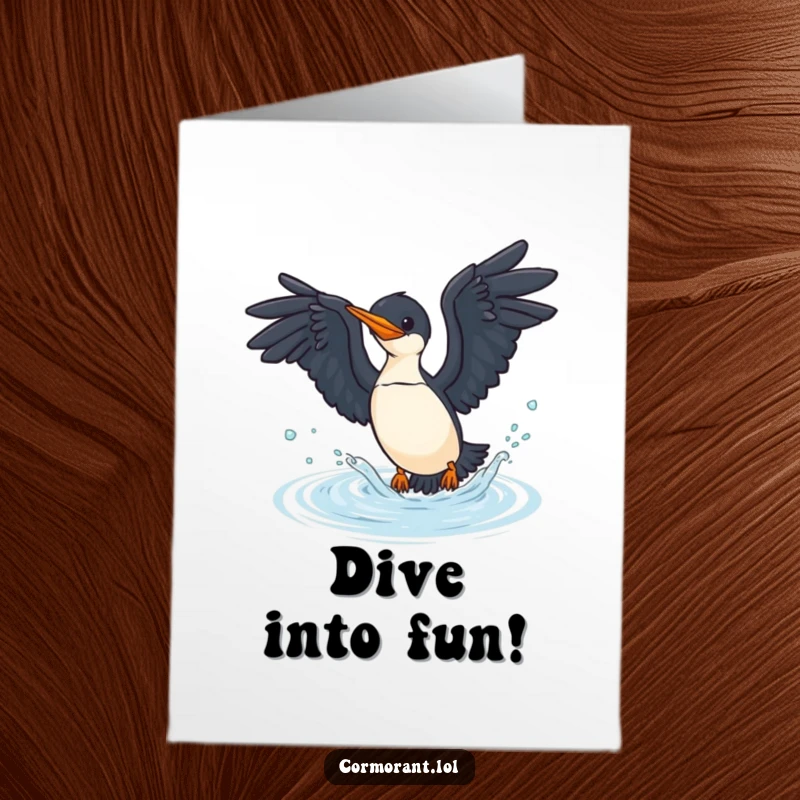 Funny Free Printable Birthday Card showing a joyful cormorant with wings spread, playfully diving into blue water.