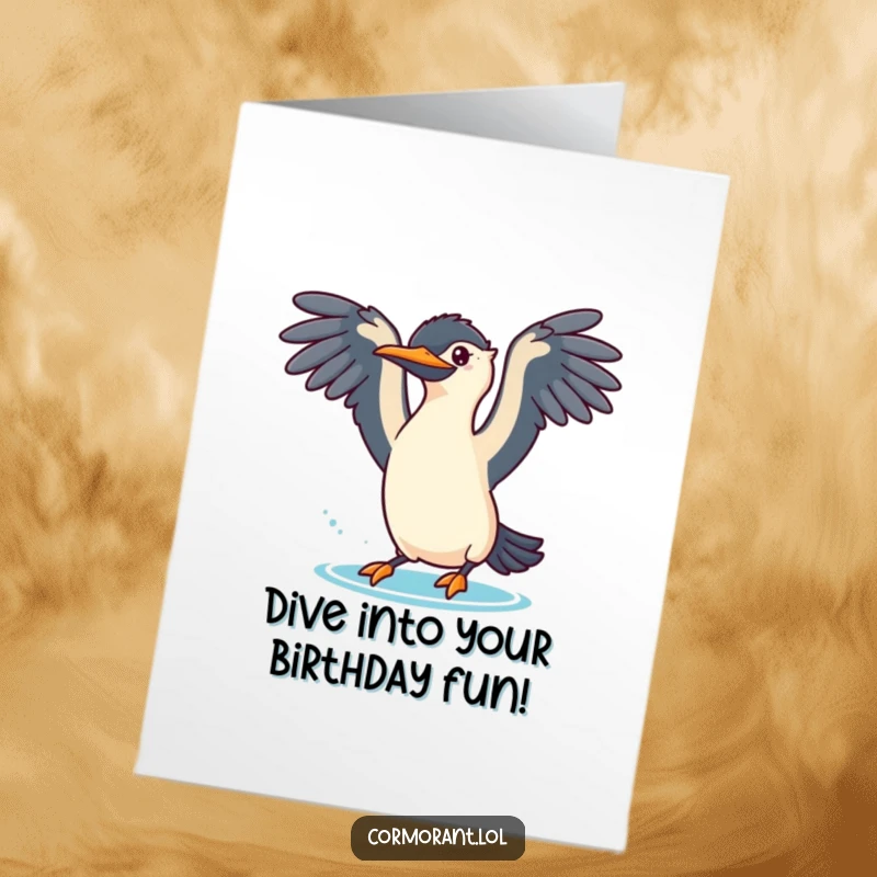 Funny free printable birthday card featuring a cormorant with wings spread wide, poised to dive playfully into water, ready for printing.