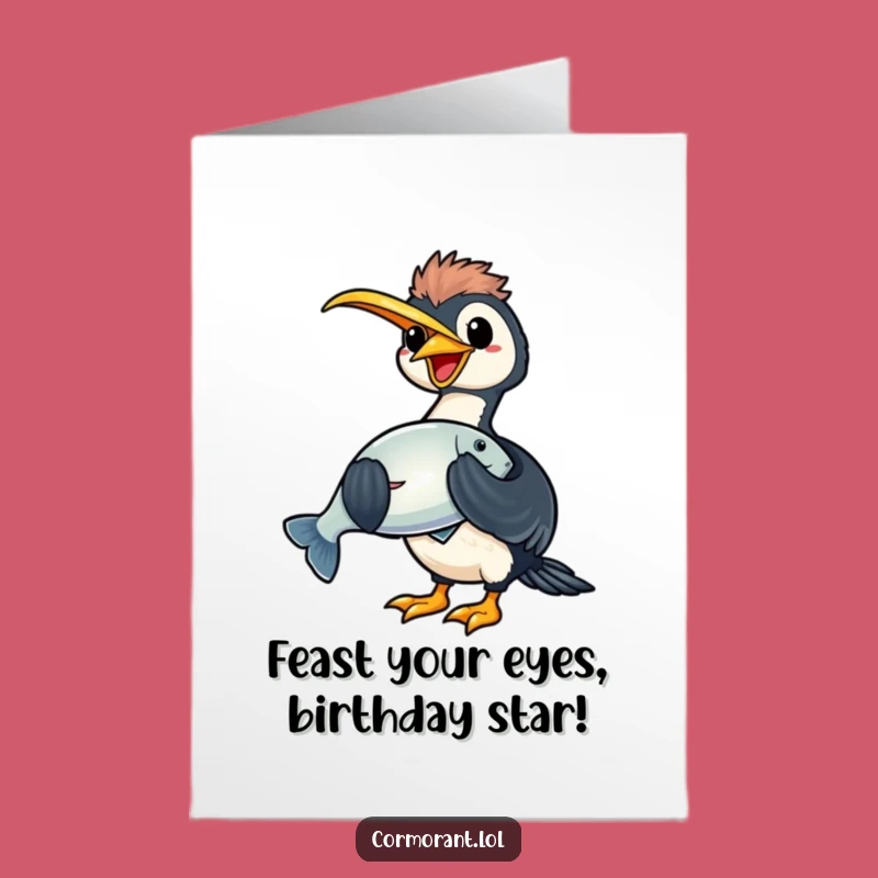 Free Printable Funny Cormorant Birthday Card: Fish Catch Downloadable Gift