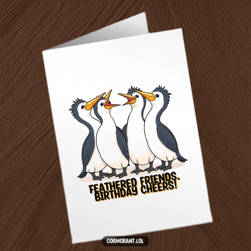 Funny Free Printable Birthday Card: A huddle of cute kawaii cormorants sharing a hearty laugh together, spreading joy.