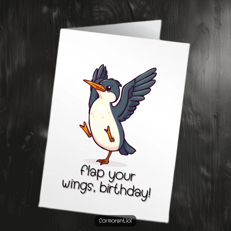 Funny Free Printable Birthday Card: A small, happy kawaii cormorant joyfully flaps its wings in a delightful dance, spreading cheer for the occasion.