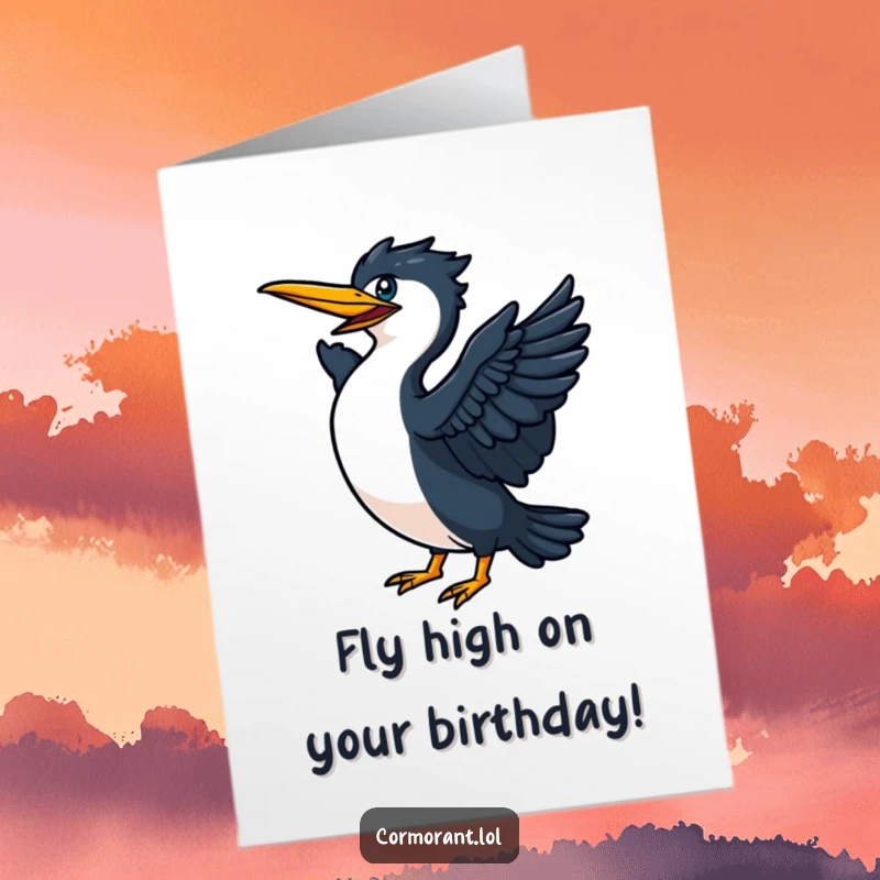 Funny Free Printable Birthday Card showing an energetic cormorant flapping its wings vigorously, poised for an epic takeoff.