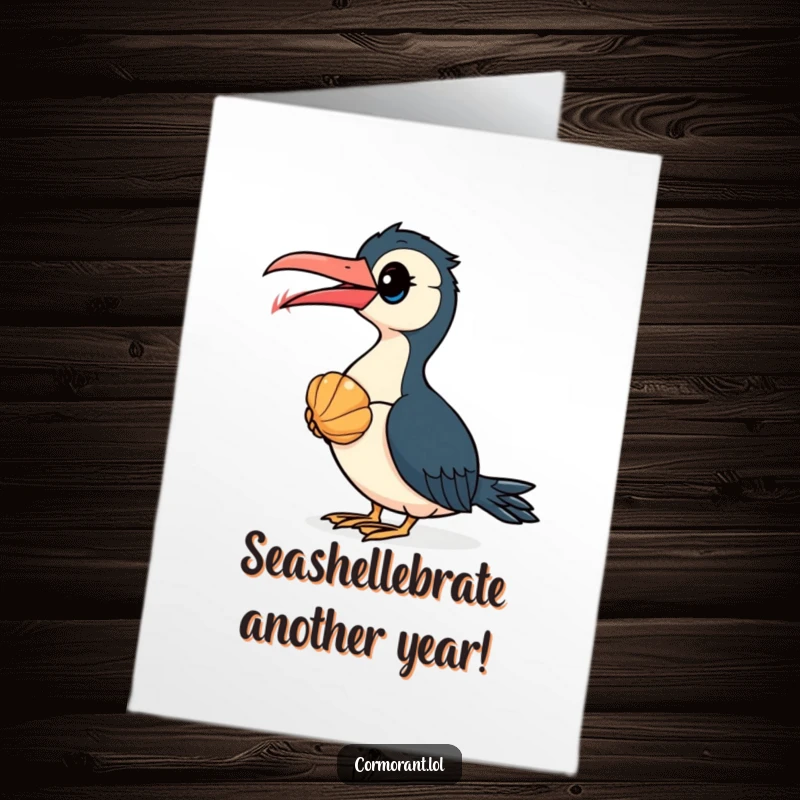 Funny free printable birthday card featuring a cormorant with wide eyes inspecting a vibrant seashell.
