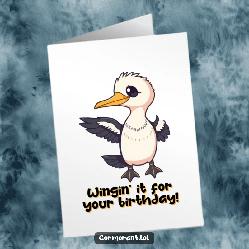 Funny Free Printable Birthday Card: Friendly cormorant extending a wing with a warm smile, inviting fun.