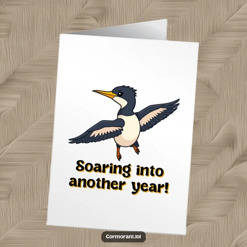 Funny Free Printable Birthday Card: Sleek cormorant soaring gracefully, a symbol of smooth birthday wishes and laughter.