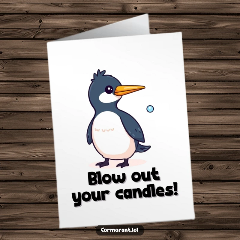 Funny Free Printable Birthday Card: Whimsical cormorant flying with a playful bubble, adding cheer and humor.