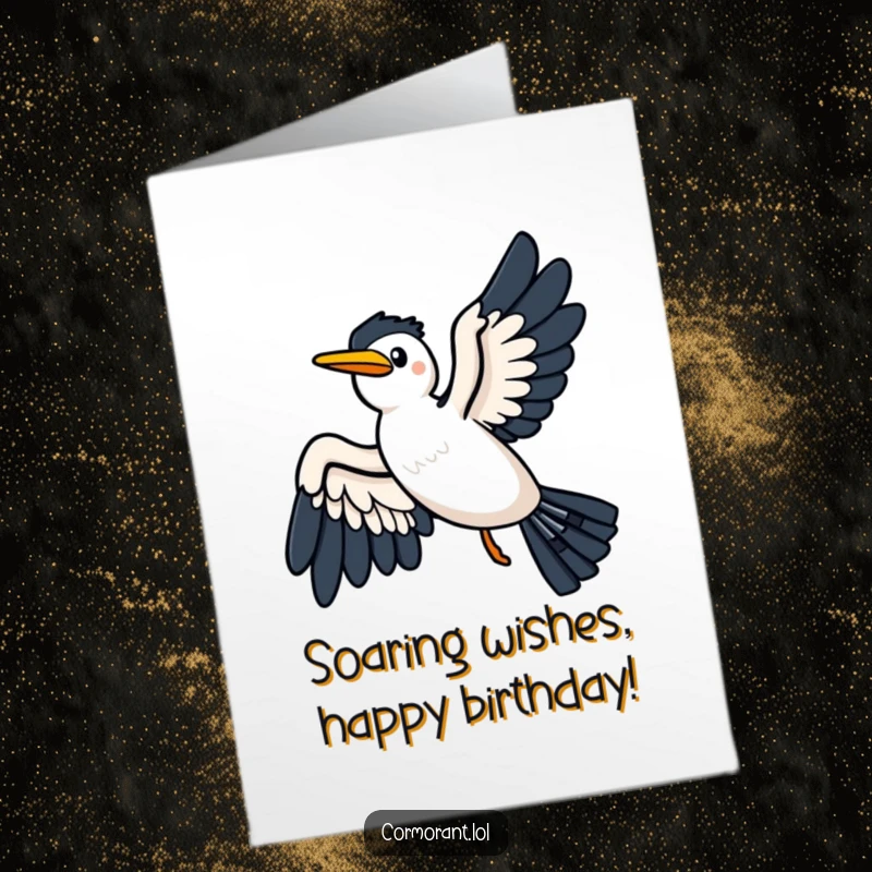 Funny free printable birthday card: a kawaii cormorant with wings spread wide glides joyfully on a gentle breeze.