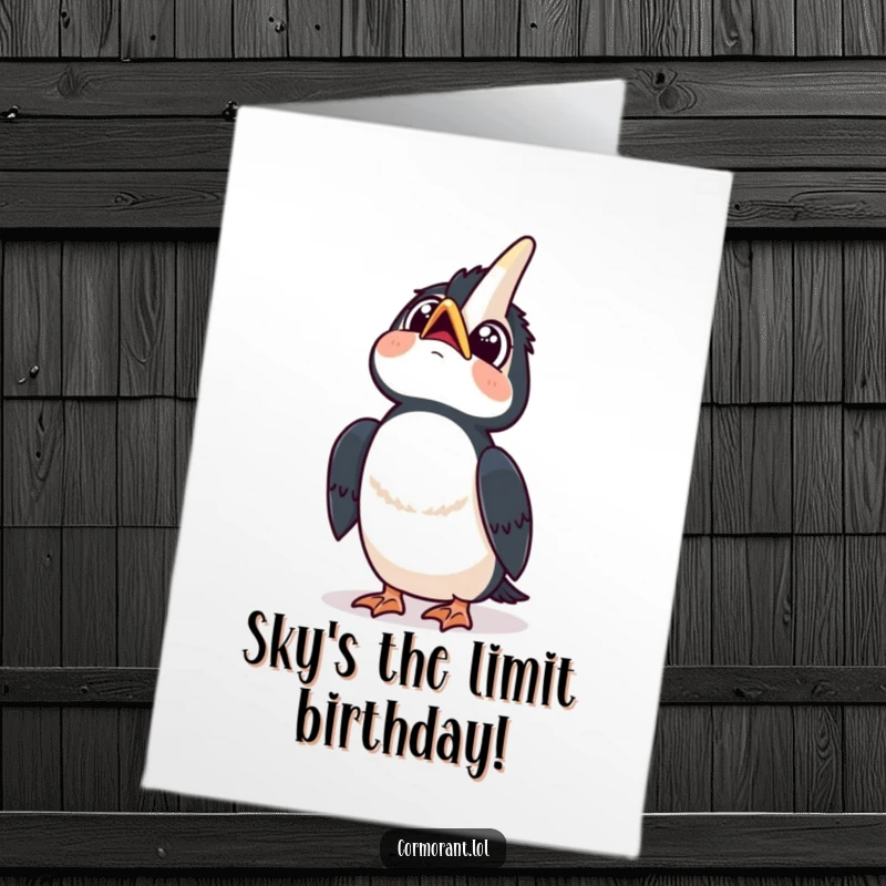 Funny free printable birthday card: a kawaii cormorant looks up at the sky with wide, curious eyes and a happy head tilt.