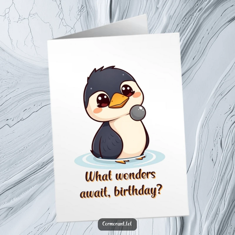 Funny Free Printable Birthday Card: A kawaii cormorant with large, curious eyes intently observes an unidentified floating object with fascination.