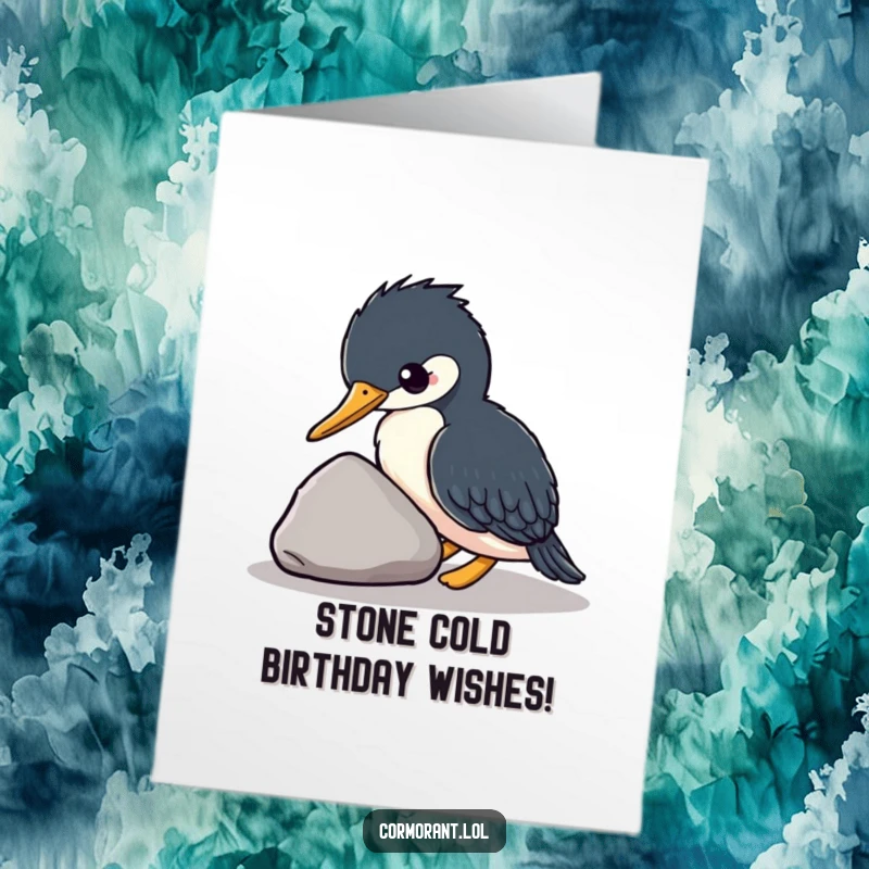 Funny Free Printable Birthday Card: Kawaii cormorant gently nudges stone, perfect for a unique and humorous greeting.