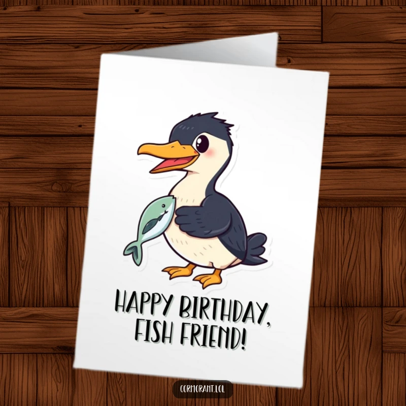Funny free printable birthday card: a smiling cormorant proudly holds a shiny fish in its beak, ready for printing.