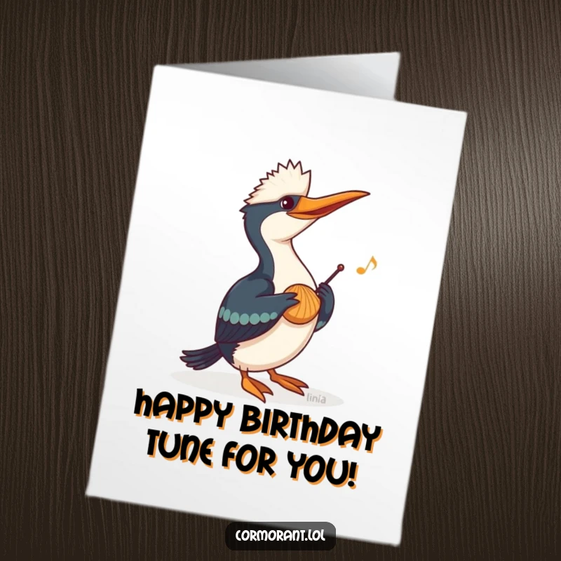 Funny Free Printable Birthday Card: A cormorant plays a cheerful tune by blowing into a seashell.