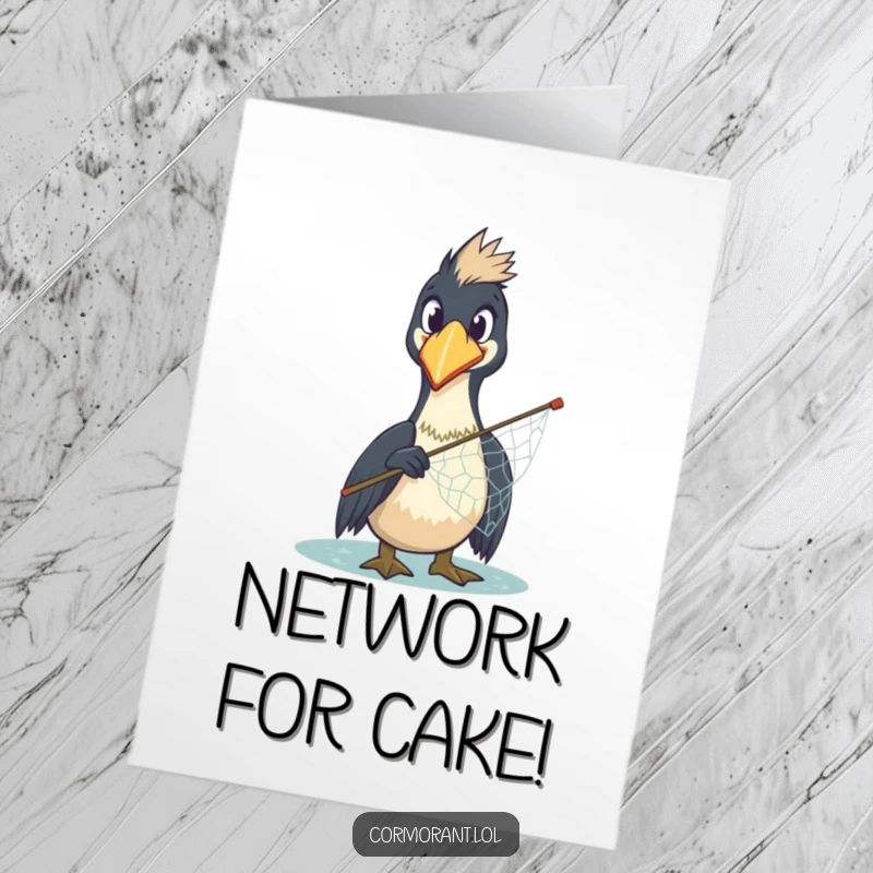 Funny Free Printable Birthday Card featuring a cormorant with a comically surprised look and a net.