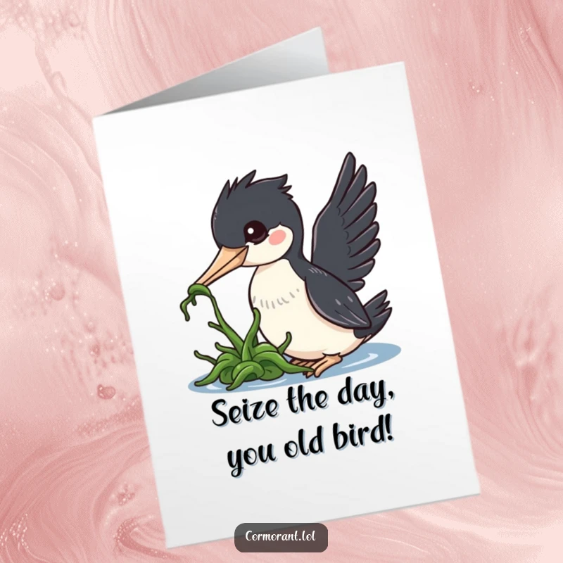Funny free printable birthday card featuring a kawaii cormorant bird playfully nudging seaweed, perfect for bird enthusiasts.