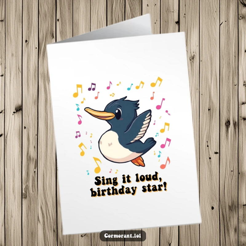 Funny Free Printable Birthday Card: Cormorant grins while swimming through musical notes, wishing a happy, musical birthday.