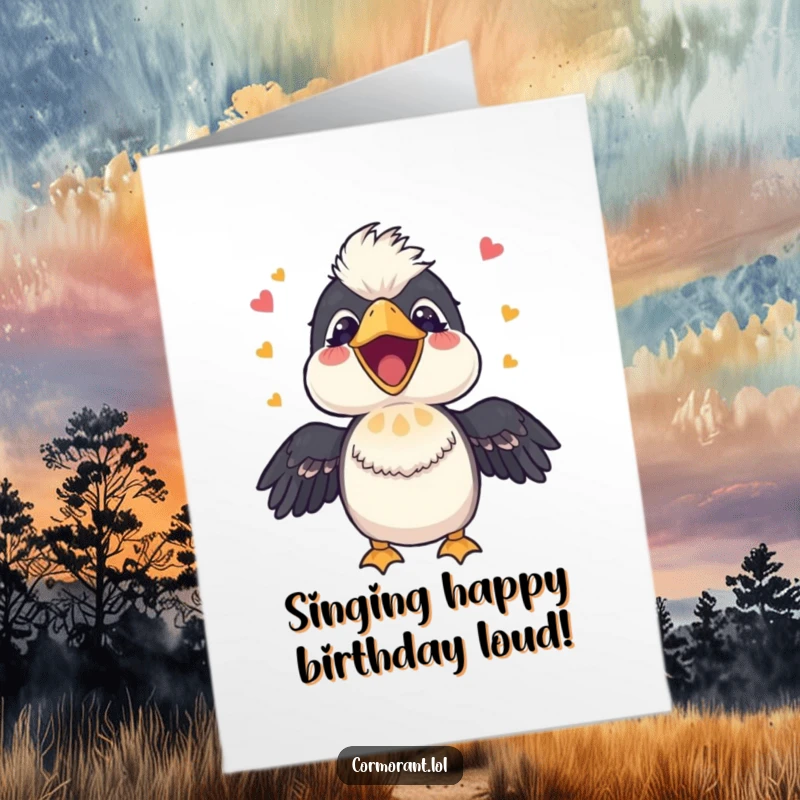 Funny free printable birthday card: A cormorant character sings joyfully with its beak wide open in a happy tune.