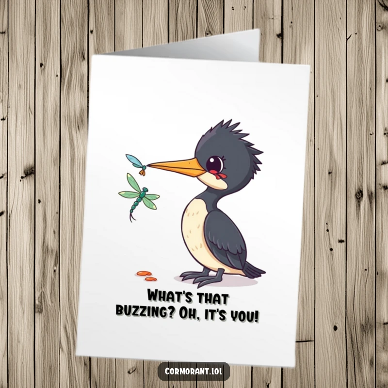 Funny Free Printable Birthday Card: A cormorant tilts its head curiously, observing a delicate dragonfly. Whimsical bird art.