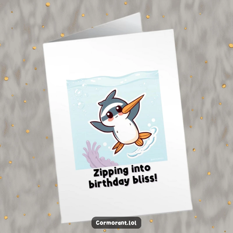 Funny free printable birthday card: A cute kawaii cormorant character energetically zipping through colorful underwater elements.