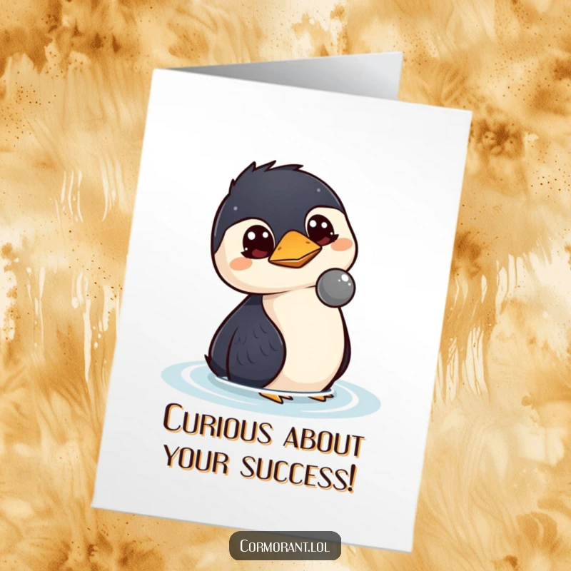 Free Printable Congratulations Card: A kawaii cormorant with wide, inquisitive eyes curiously watches a mysterious object floating nearby, symbolizing discovery.