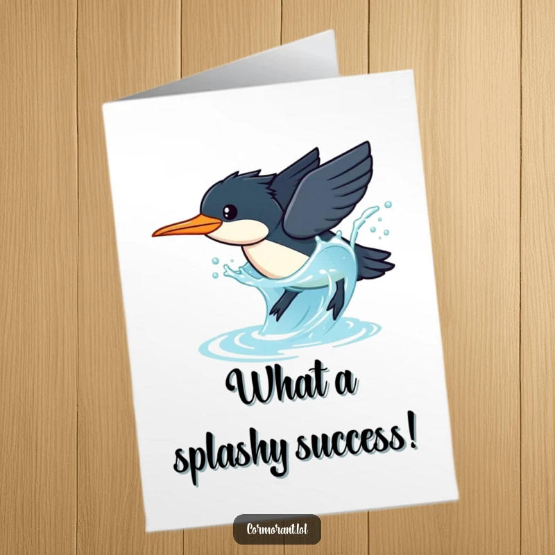 Funny Free Printable Congratulations Card: A kawaii cormorant performs a graceful dive into sparkling water with a splash.