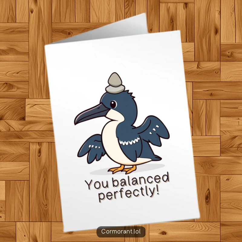 Funny Free Printable Congrats Card: Kawaii cormorant focused on balancing a small pebble atop its head, celebrating success.