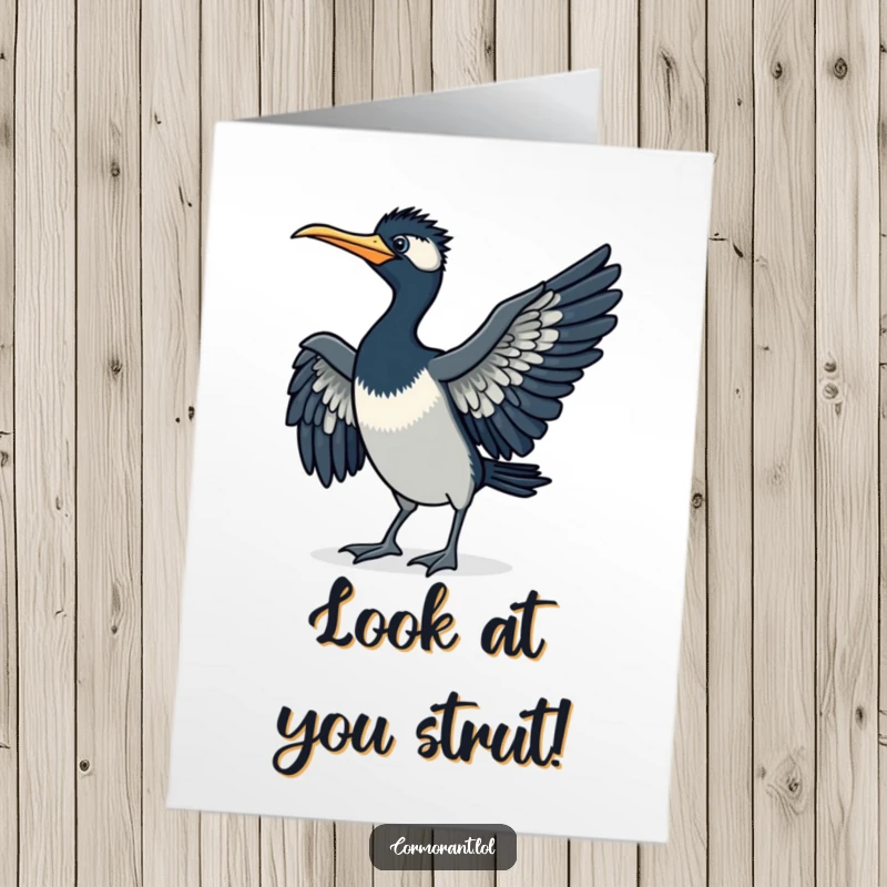 Funny Free Printable Congratulations Card: A funny cormorant strutting proudly with wings slightly spread, celebrating your big win.