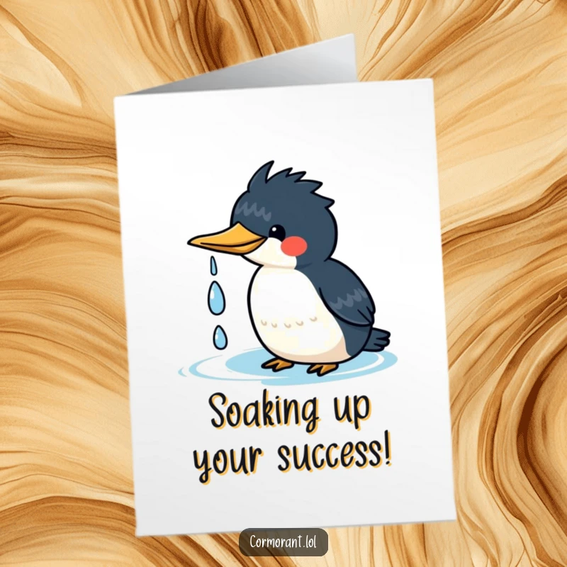 Free printable congratulations card with a kawaii cormorant happily shaking water droplets from its head, looking cheerful.