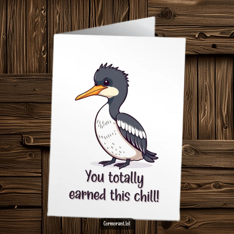 Funny Free Printable Congratulations Card featuring a cormorant basking in the sun, feathers spread, looking utterly relaxed after achieving something great.