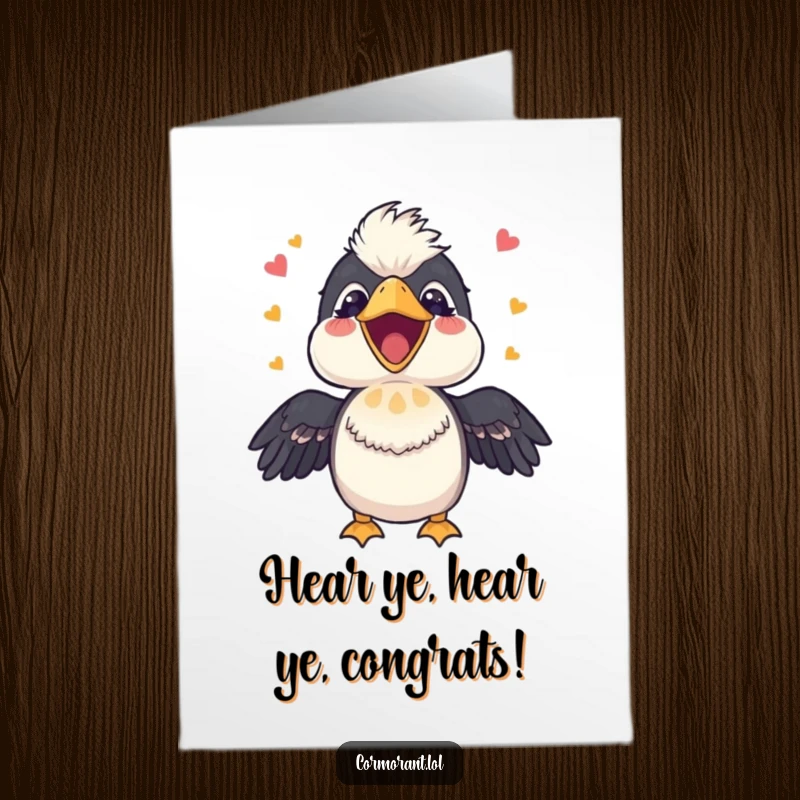 Funny free printable congratulations card: A cormorant sings with an open beak, radiating happiness and celebration.