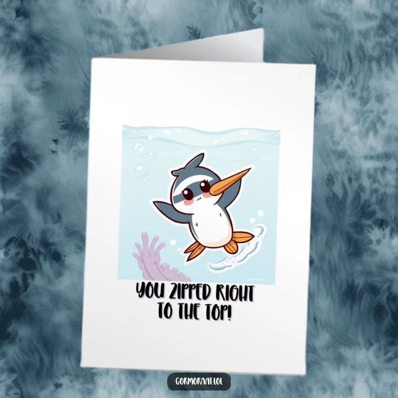 Funny free printable congratulations card: A kawaii cormorant character energetically zipping through abstract underwater shapes.
