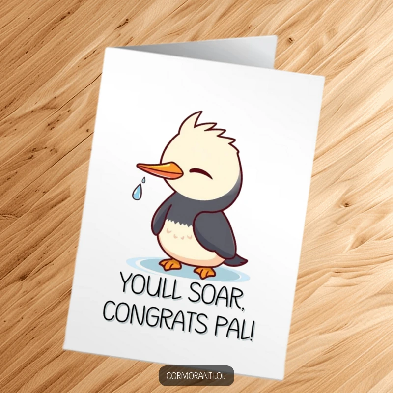 Funny Free Printable Cormorant Congratulations Card: A cheeky cormorant winks, a water droplet glistens, celebrating success with humor.