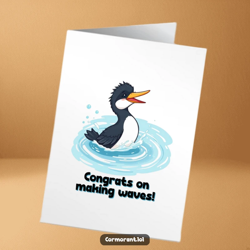 Funny Free Printable Cormorant Congrats Card: A cormorant gleefully splashes in a bubbly pond, signifying joyful success.