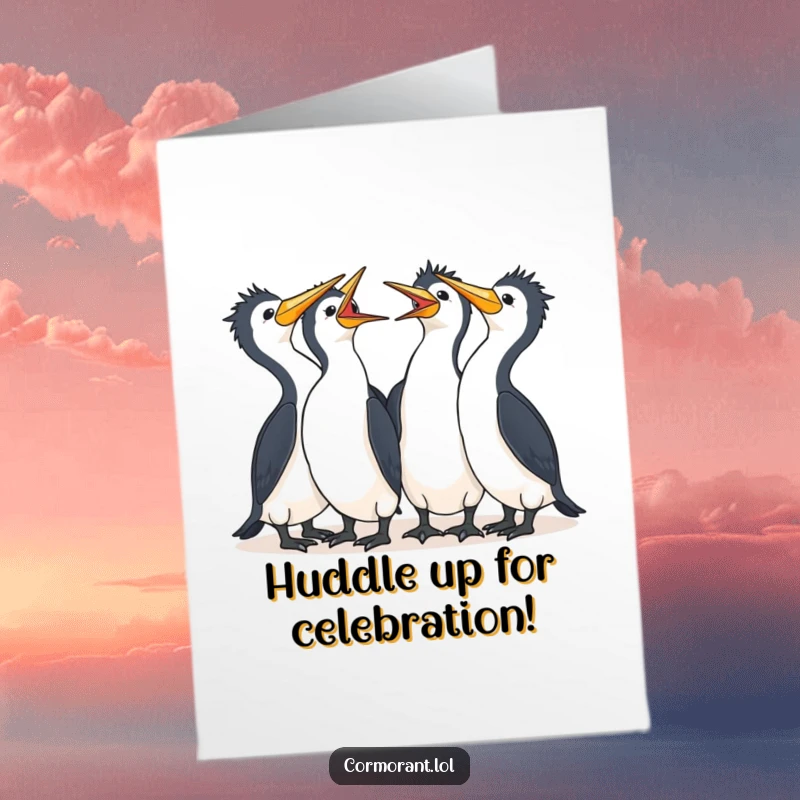 Joyful Free Printable Congrats Card: A cluster of adorable kawaii cormorants huddled together, erupting in shared peals of laughter.