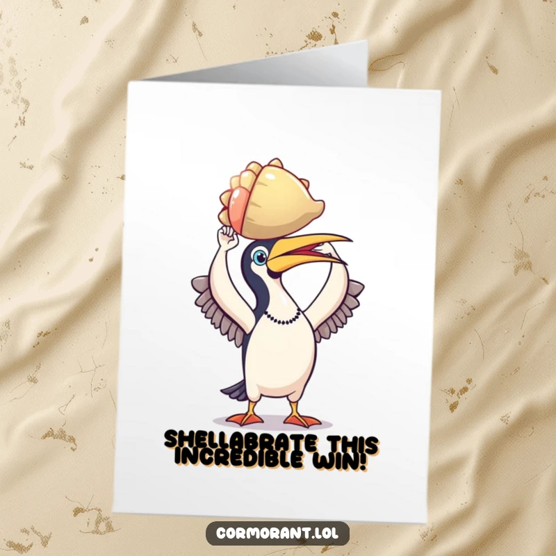 Funny Free Printable Cormorant Congrats Card: A cormorant triumphantly displays a colorful shell, celebrating a great success.
