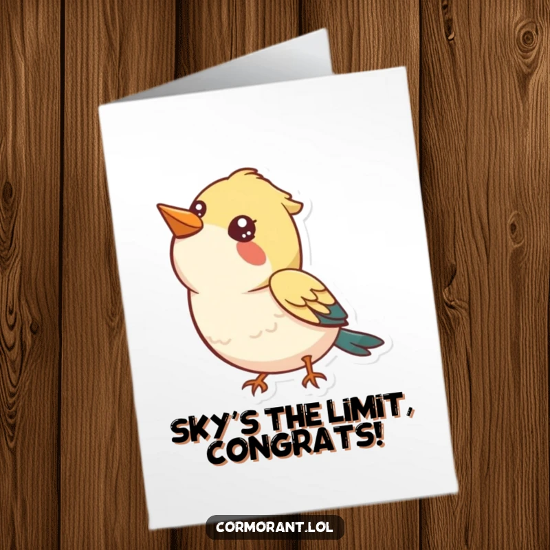 Funny Free Printable Congratulations Card of a bird looking skyward with a happy, inquisitive expression, celebrating success.