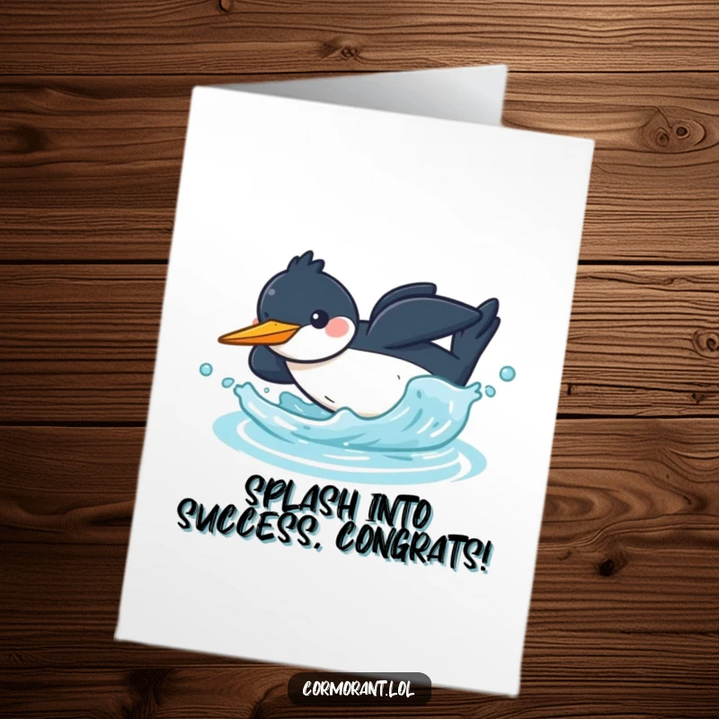 Free Printable Congratulations Card: A happy kawaii cormorant makes a dynamic splash as it dives headfirst into the water, signifying a bold new beginning.
