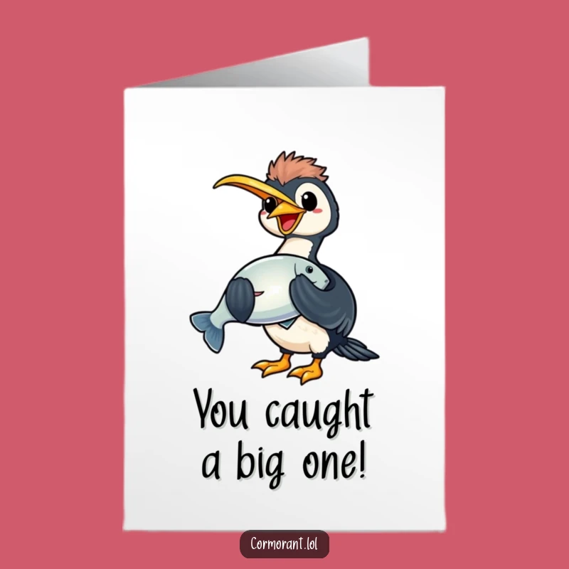 Free Printable Kawaii Cormorant Congrats Card: Big Fish Catch Downloadable