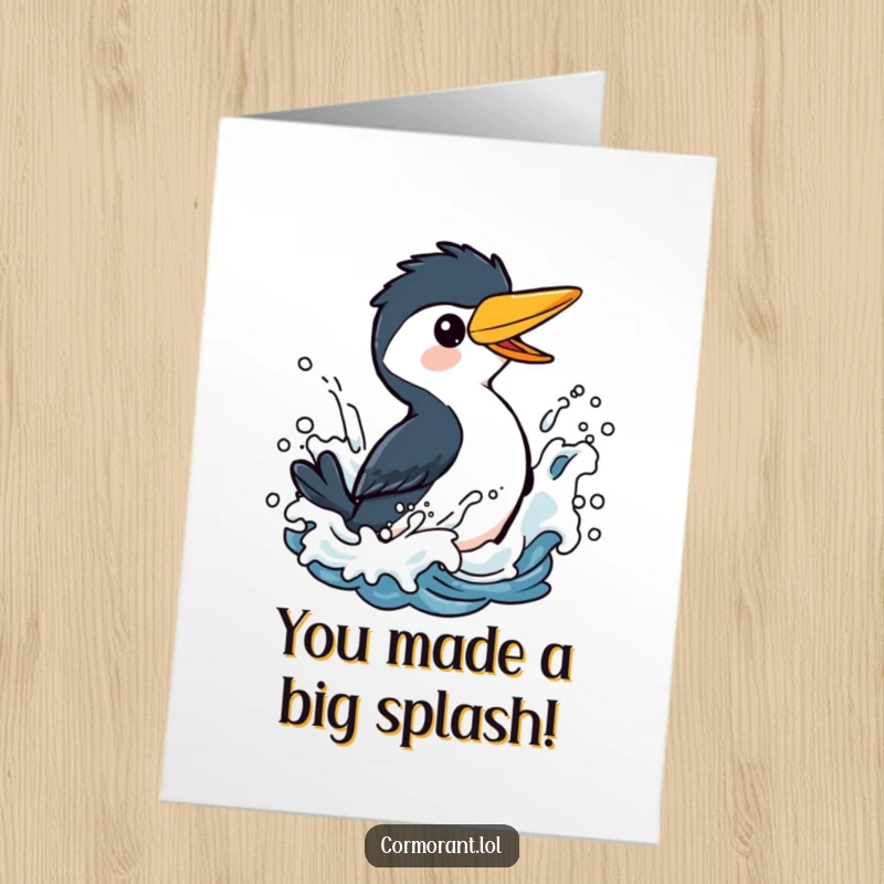 Funny free printable congratulations card: A jubilant cormorant character splashing with excitement in stylized blue waves.