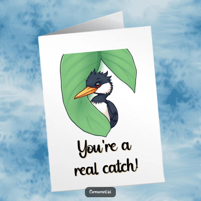 Funny Free Printable Congratulations Card: Cormorant peeking from behind a large wet leaf, conveying playful surprise. Great for any occasion.