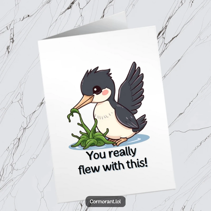 Funny free printable congratulations card with a kawaii cormorant bird nudging seaweed, celebrating success with humor.