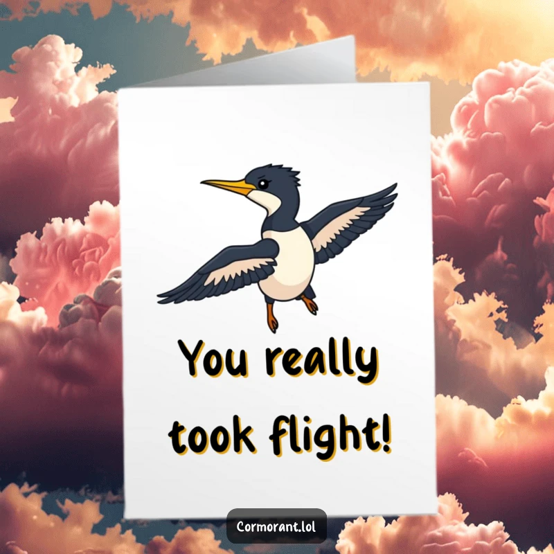 Funny Free Printable Congratulations Card: Sleek cormorant in mid-flight, conveying congratulations with effortless style.