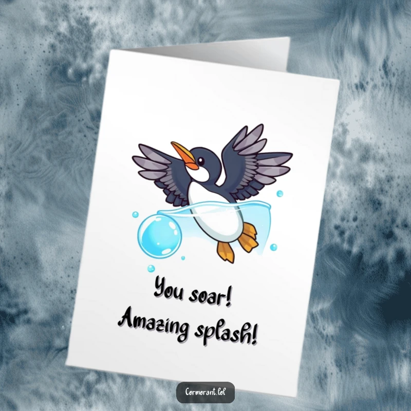 Funny Free Printable Congrats Card: A cormorant dives joyfully into a blue bubble, symbolising a successful dive into a new venture.