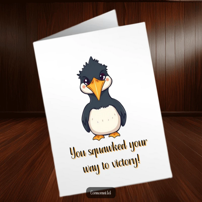 Funny Free Printable Congrats Card: Adorable kawaii cormorant with a wide, squawking mouth for joyous celebrations.