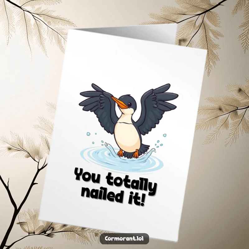 Funny Free Printable Congratulations Card featuring a cormorant powerfully diving into water, celebrating achievement.