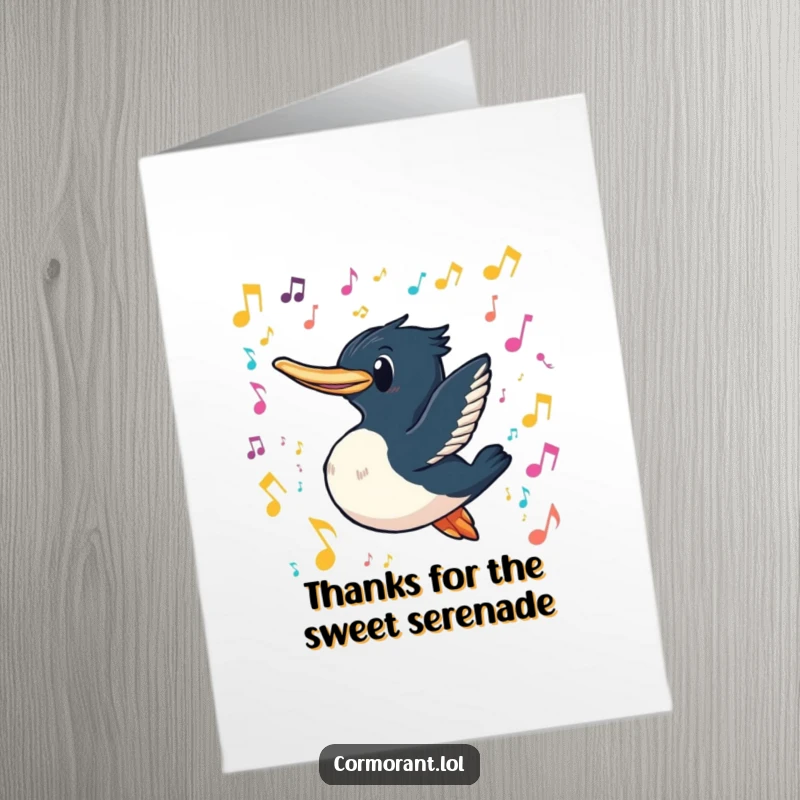 Funny Free Printable Thank You Card: Cormorant grins as it swims through colorful musical notes, conveying sincere thanks.