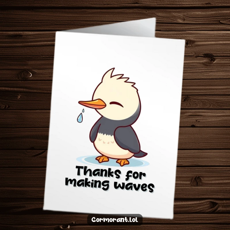 Funny Free Printable Cormorant Thank You Card: A kawaii bird winks cheekily with a water droplet, expressing thanks.