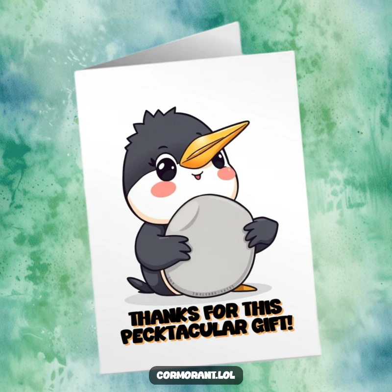 Funny Free Printable Thank You Card: A smiling cormorant offers a smooth grey pebble as a token of thanks. Adorable and humorous.