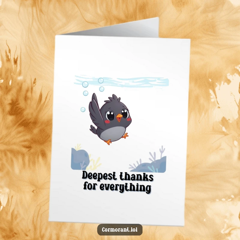 Free Printable Thank You Card: A little bird with huge eyes diving into water, symbolizing a grateful plunge.