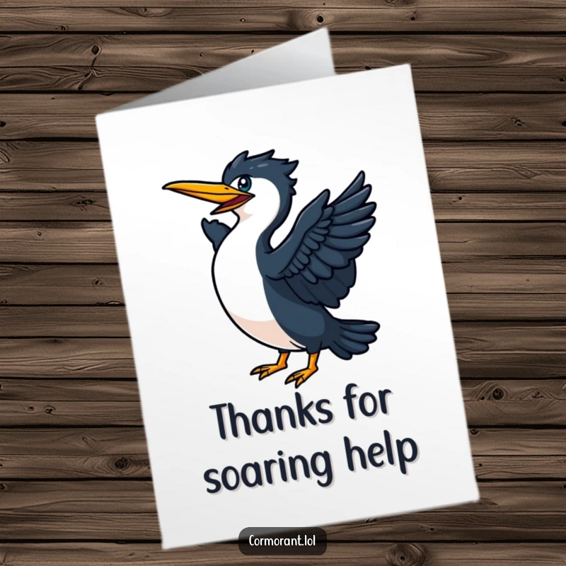 Funny Free Printable Thank You Card depicting an energetic cormorant powerfully flapping its wings, symbolizing a journey and shared adventures.