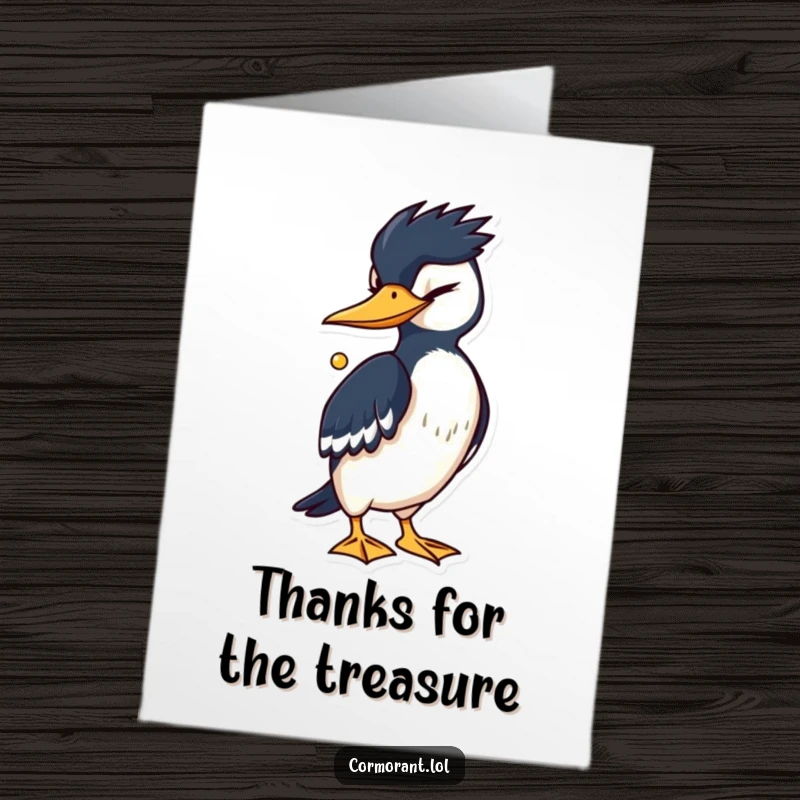 Funny free printable thank you card showing a cormorant winking while proudly holding a glittering shiny object.